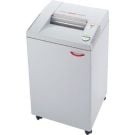 A white Destroyit 3104 Level P-2 Strip-cut Shredder with a compact design, mounted on caster wheels for easy mobility.