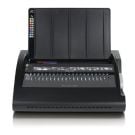 Front view of the GBC / Swingline CombBind C210e Electric Comb Binding Machine, showcasing its sleek black design with the control panel and binding combs prominently displayed.
