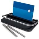 GBC MC12 12 Manual Twin Loop Wire Closer device with a blue document inserted, showing its wire-binding mechanism, with two metal binding coils placed in front of the machine.