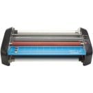Front view of the GBC Pinnacle 27 EZ Load 27" School Thermal Roll Laminator with a blue cutting mat and roller system.