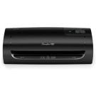 A black GBC Swingline Fusion 1000L 9" Laminator, featuring a sleek design with a paper entry slot and control buttons on the top.