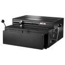 A Rhin-O-Tuff HD7000 Onyx 14" Open-Ended Table Top Electric Punch, featuring a sturdy black design with two manual levers.