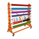 A bright orange Mondo Media Roll Mobile Rack holding multiple colorful media rolls on metal bars, with wheels for easy mobility.