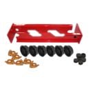 Pro-Tabletop Work Table Mountable Roll Holder Applicator with red metal frame, black rollers, and gold clamps for organizing and holding materials.