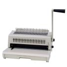 A Tamerica 213PB Plastic Comb 3-Hole Punch Binding Machine with a manual lever on the side, featuring a sturdy design in a light gray color, used for binding and punching holes in documents.