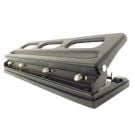 Black Tamerica SecureBind V400-M Punch for 4-Pin Recloseable Strips, featuring a sturdy metal design with an ergonomic handle for precise and efficient hole punching.
