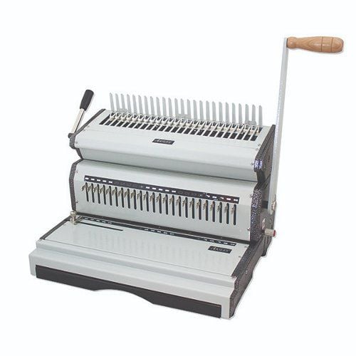Akiles CombMac-24M Manual Plastic Comb Punch and Bind Machine with wooden handle for binding documents, featuring dual binding and punching mechanisms in a sturdy, compact design. Akiles CombMac-24M Manual Plastic Comb Punch and Bind Machine with wooden handle for binding documents, featuring dual binding and punching mechanisms in a sturdy, compact design.