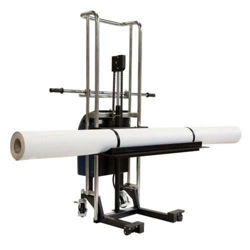 A Foster On-a-Roll Lifter Power Universal (Hi-Rise) machine designed for lifting and transporting large rolls of material.