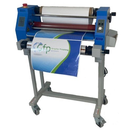 The GFP 220C 20" Compact Cold Laminator in use, showcasing a poster being laminated.