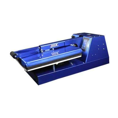 A sleek blue HIX N-680 Automatic Air-Operated 15"x 15" Platen with a smooth, flat press surface and a digital control panel, designed for precise and efficient heat transfer applications.
