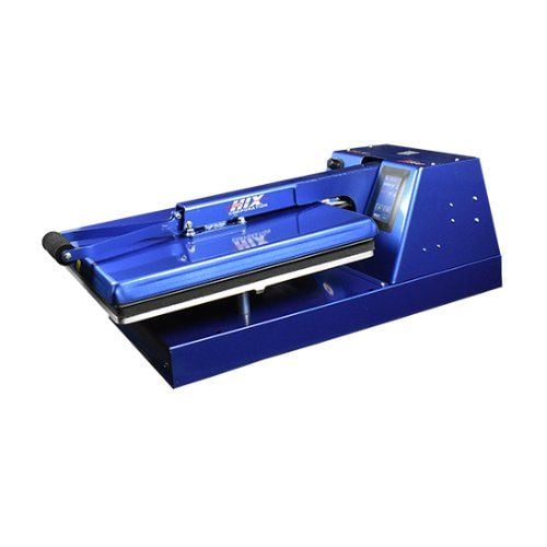 A blue HIX N-880 Automatic Air-Operated 16"x 20" Platen heat press machine with a sleek rectangular design and digital control panel.