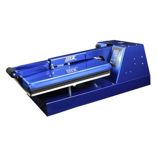 A blue HIX S-450 Auto Open 15"x 15" Platen and Splitter Stand heat press machine with a sleek design, featuring a flat pressing surface and digital controls.