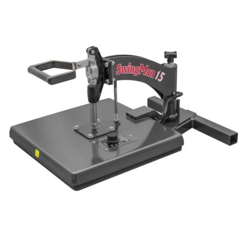 A HIX SwingMan 15 Analog Swing-A-Way heat press with a 15" x 15" platen, featuring a sturdy black metal frame, swing-away handle, and adjustable pressure knob.