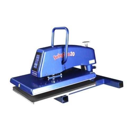 A blue HIX SwingMan 20 Manual Swing Away Heat Press with a digital display, sturdy swing-away arm, and a flat heating surface on a metal base.