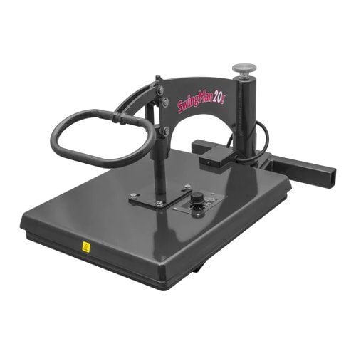 A black HIX SwingMan 20E Analog Swing-A-Way heat press with a 16" x 20" platen, featuring a swing-away arm and a sturdy design on a flat surface.