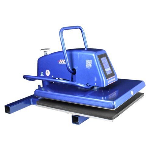 A blue HIX SwingMan 25 EVO Manual Swing-A-Way Press with a 16" x 20" platen, featuring a digital display and sturdy handle for heat transfer applications.