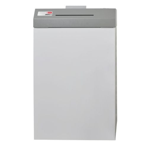 Front view of the Intimus OmniShred Paper and Multimedia Shredder with Automatic Oiler, featuring a sleek gray design.