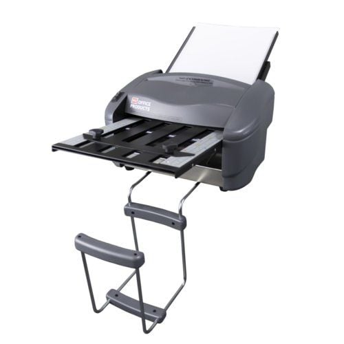 Martin Yale P7500 Automatic Paper Folder with paper stacking tray and fold-out support arms for efficient document handling.