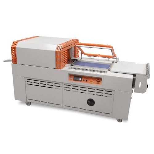 A Clamco 250C Combo L-Bar Sealer and Tunnel Combination Shrink System featuring an orange safety frame, a sealing arm, and a conveyor tunnel on a durable wheeled base.