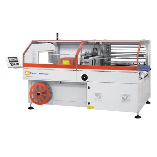 The Clamco 6800CS-XL Side Sealer and Accessories is a compact, automated packaging machine featuring a transparent orange and white enclosure, a control panel, and a large red drive wheel.