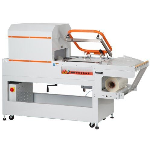 A Clamco 6C Combo L-Sealer and Tunnel System and Accessories featuring a compact design with an integrated sealing arm, heat tunnel, and a film roll holder, ideal for packaging applications.