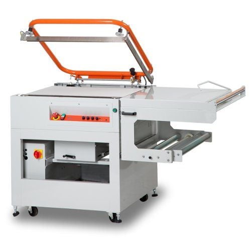 A Clamco 6L High Performance L-Bar Sealer featuring an orange sealing arm, control panel with buttons, and an attached conveyor system for efficient packaging.