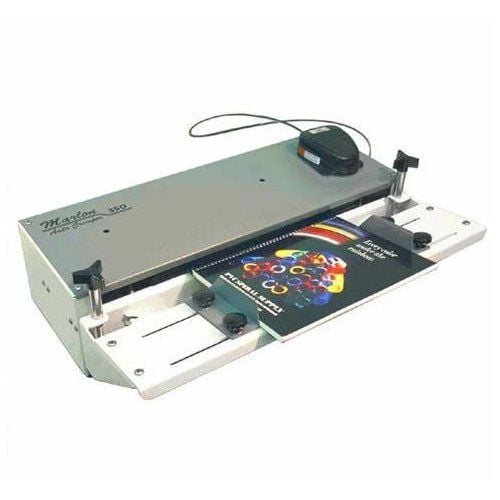 Marlon 350E Double Head Spiral Coil Electric Crimper with a booklet positioned for coil binding.
