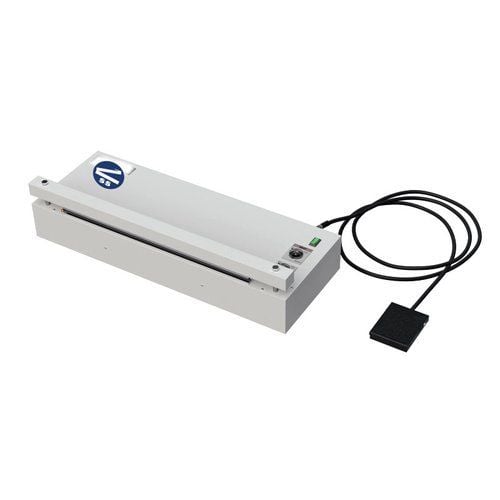 A SealerSales AVP Series Table-Top Sealer (Foot Pedal Pneumatically Operated) featuring a compact white design with a connected black foot pedal for hands-free sealing functionality.