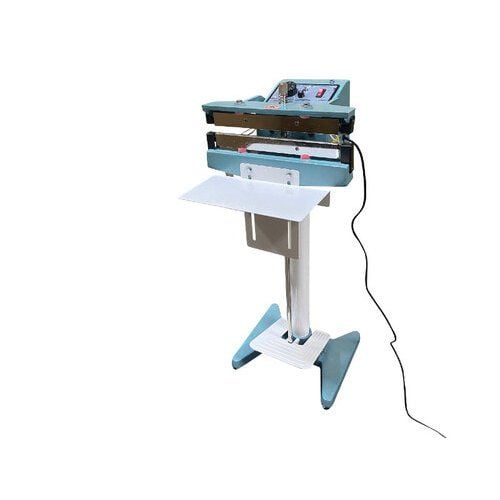 A SealerSales KF-Series Direct Heat Foot Sealer with Wide Meshed Seal, featuring a sturdy stand design, electrical cord, and a heat-sealing mechanism mounted on a teal and white metal frame.