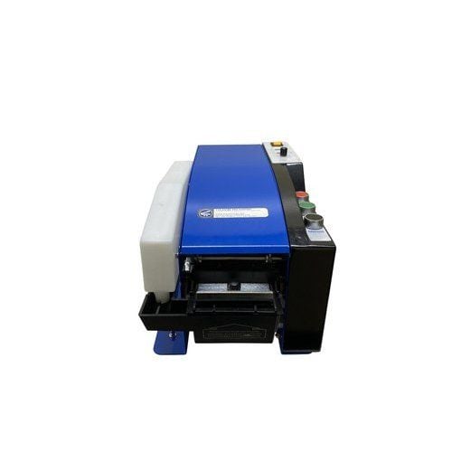 SealerSales SS-800B Electric Gummed Tape Kraft Paper Tape Dispenser is shown with a streamlined blue body, featuring control buttons on top and a compartment for gummed tape, designed for efficient dispensing in packaging operations.
