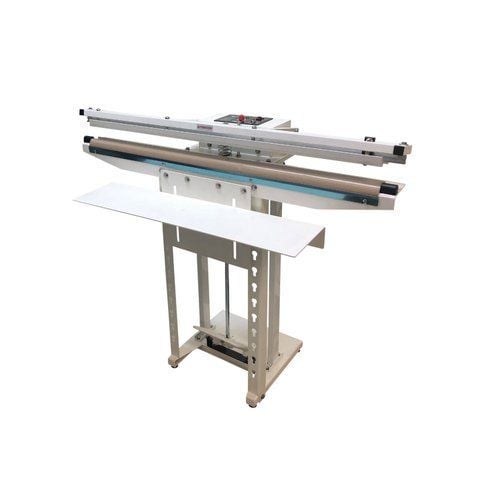 A SealerSales WN-900C 35" foot sealer with a sliding cutter and 2.7mm seal width, featuring a sturdy metal frame and a horizontal sealing mechanism on a compact stand.