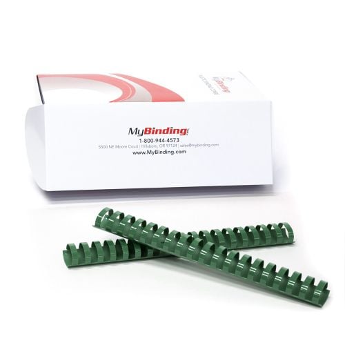 1-1/4" Hunter Green Plastic Binding Combs displayed in front of a MyBinding packaging box.