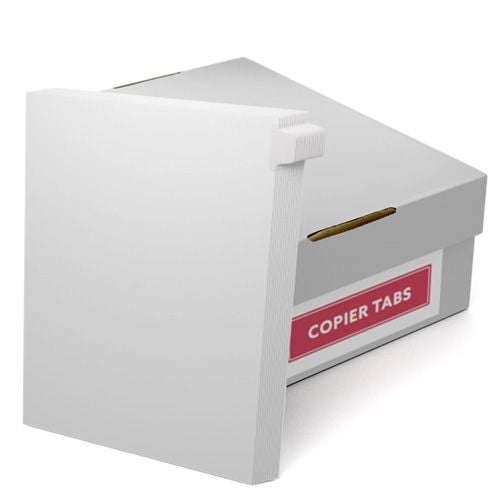 Box of MyBinding Uncollated 1/12th Cut 90lb Mylar Coated Copier Tabs with white tabs displayed in front.
