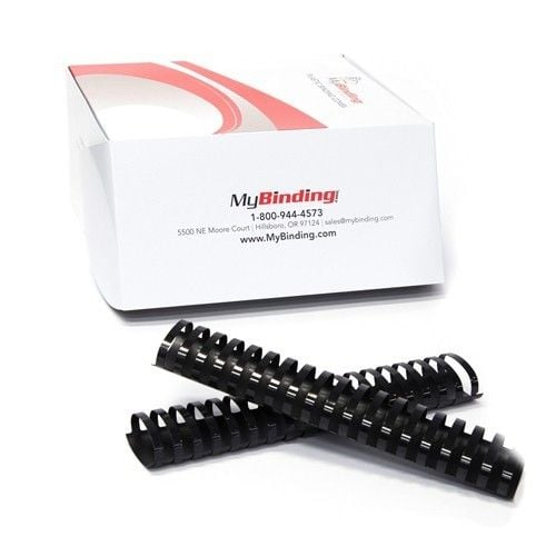 A box labeled "MyBinding" with two black 1 3/4" Plastic Binding Combs placed in front.