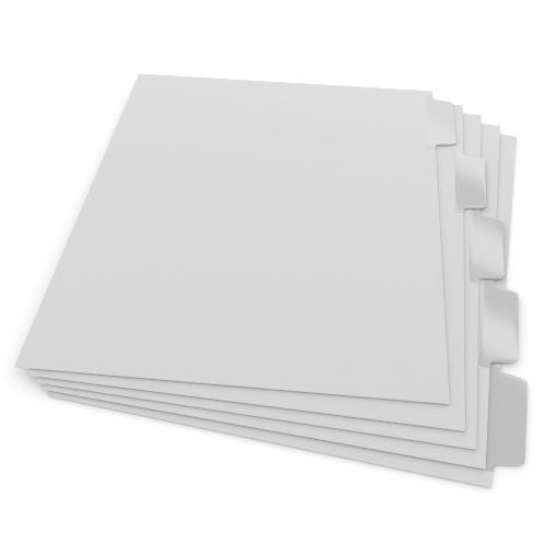 Stack of 1/5th Cut Mylar Coated Straight Collated Copier Tabs with blank white tabs on the side for easy organization.