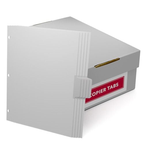 A box containing uncollated 1/5th cut 90lb Mylar coated copier tabs with 3 holes, positioned at 3, with a total of 1250 tabs per carton.
