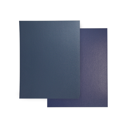 Two Royal Blue/Navy 9" x 11" Index Allowance Regency Vinyl Covers overlapping each other, displaying their smooth, textured surface in a dark blue shade.