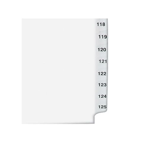 Close-up view of Avery 101-125 White Legal 14x8.5 Avery Style Collated Dividers with numbered tabs for easy organization.
