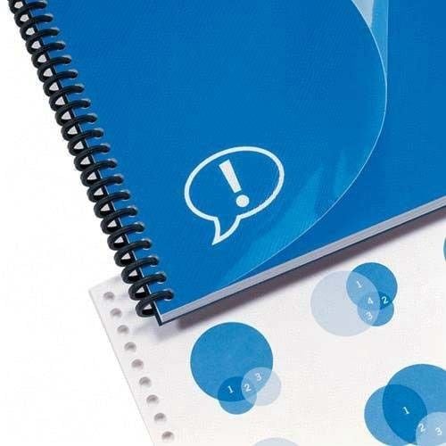 A blue spiral notebook with a clear cover, featuring "10mil GBC Clear View Binding Covers" and translucent blue circles with numbers on the inner page.