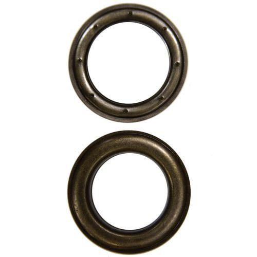 #12 (1-1/2") Gun metal grommets from a 25-pack shown in close-up, highlighting their metallic finish and circular shape.