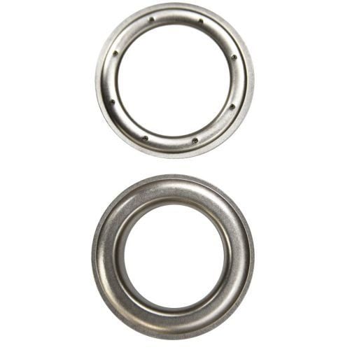 #12 (1-1/2") Satin Nickel Grommets shown from different angles, part of a 25-pack set.