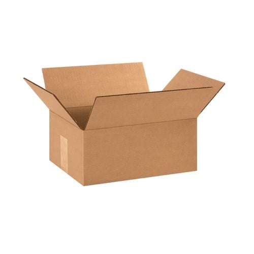 A corrugated box measuring 12" x 9" x 5" is opened wide, with its flaps raised to showcase the smooth, brown cardboard interior and exterior. A corrugated box measuring 12" x 9" x 5" is opened wide, with its flaps raised to showcase the smooth, brown cardboard interior and exterior.