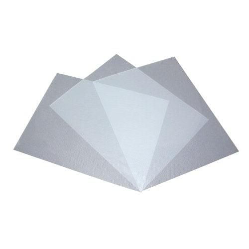 Clear Poly Stripe Report Covers arranged in a layered fan shape, showcasing their transparency and durable material.