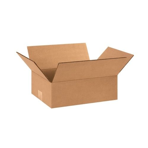 A flat corrugated box measuring 12" x 9" x 4" is shown fully opened, with its flaps extended outward to reveal its clean, spacious interior and smooth, brown cardboard surface.