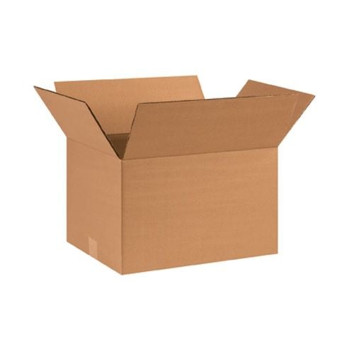 A corrugated box with dimensions of 16" x 12" x 10" is shown open, its flaps lifted to reveal a spacious, empty interior and the smooth texture of the cardboard exterior.