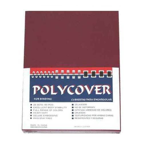 A pack of 16mil Maroon Leather Grain Poly Covers for binding, featuring text in both English and Spanish on the packaging.