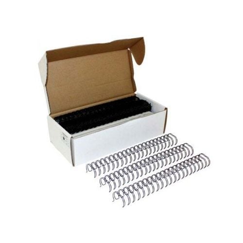 Box of 7/16 2:1 Pitch Twin Loop Wire bindings with several wires displayed in front.