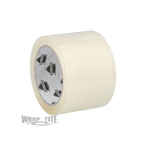 A roll of Wrap-Tite 2 Mil 72mm x 100m Clear Acrylic Carton-Sealing Tape is displayed, highlighting its transparent surface and smooth texture, with the inner core featuring the Wrap-Tite logo and product information.