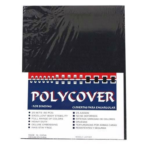 A pack of 20mil Black Leather Grain Poly 8.5" x 11" Covers used for binding, featuring a heavy-duty, textured surface with excellent body stability.