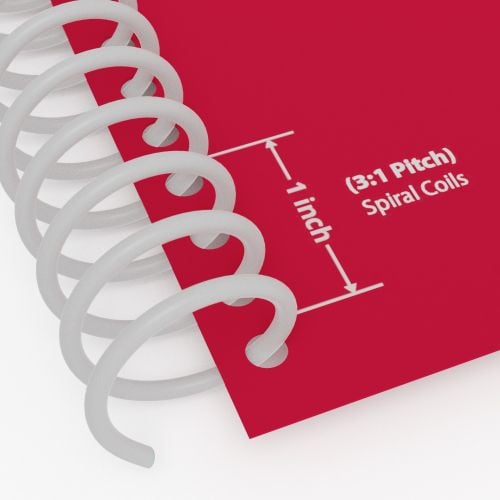 Close-up image of a White 16mm 3:1 Pitch Spiral Binding Coil (12" Long) securely binding a red cover, showcasing its precise pitch and one-inch spacing.